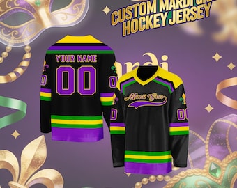 Personalized Embroidered Mardi Gras Hockey Jersey, Custom Name Number Logo, Ice Hockey Team Uniform for Men Women Fans, Festival Outfit Gift