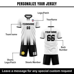 May include: White and black soccer jersey with the text "TEAMNAME" and the number "66". The jersey has a black collar and sleeves. Black shorts with the number "66" are also shown. The image text says "PERSONALIZE YOUR JERSEY".