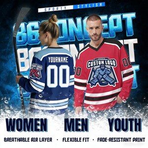 May include: A promotional image showcasing hockey jerseys. One is light blue with the text "YOURNAME" and the number "00", the other is red with a custom logo. The image includes the words "WOMEN", "MEN", and "YOUTH". The text "SPORTY STYLISH" is at the top.