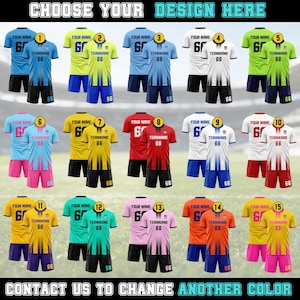 May include: A collection of fifteen soccer jerseys in various colors, including blue, yellow, red, and orange. Each jersey has a unique design with the text "YOUR NAME" and "TEAMNAME 66". The image also contains the text "CHOOSE YOUR DESIGN HERE".