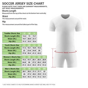 May include: Soccer jersey size chart with measurements for shorts length, waist, and hip. Includes sizes for toddlers, youth, women, and men. Measurements are in inches. A white t-shirt and shorts are shown.