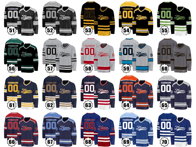 May include: Collection of customizable hockey jerseys in various colors, including black, navy, red, and gray. Each jersey features the text "YOURNAME", "00", and "Teams". The jerseys have striped sleeves and hems.
