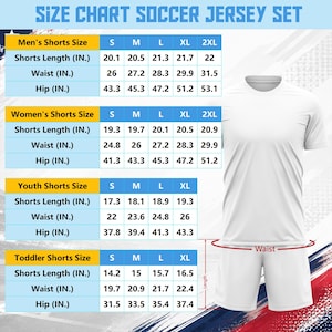 May include: A white soccer jersey set with a size chart. The chart displays measurements for men's, women's, youth, and toddler shorts, including length, waist, and hip sizes in inches. The jersey is plain white.