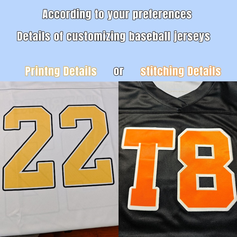 Puede incluir: Imagen que muestra detalles de la personalizaci&oacute;n de camisetas de b&eacute;isbol. Una camiseta es blanca con el n&uacute;mero 22 en dorado con contorno negro. La otra camiseta es negra con el n&uacute;mero 78 en naranja con contorno blanco. El texto superior dice "Seg&uacute;n tus preferencias".