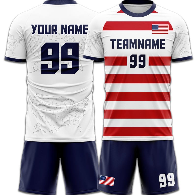 May include: A white soccer uniform with red and white stripes and the text "TEAMNAME" and the number "99". The uniform includes a map of the United States and the text "YOUR NAME" on the back. The shorts are navy blue.