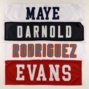Custom football jersey name patch sewn embroidered label for backpacks, uniforms, and jackets. Choose your size plus patch and thread colors