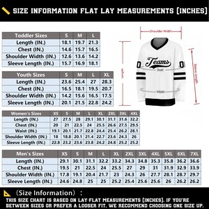 May include: White jersey with black accents, featuring a size chart with flat lay measurements in inches for toddler, youth, women's, and men's sizes. The jersey has the word "Teams" on the chest.