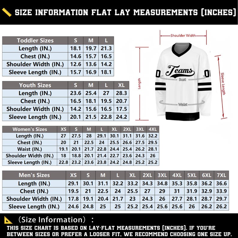 May include: White jersey with black accents, featuring a size chart with flat lay measurements in inches for toddler, youth, women's, and men's sizes. The jersey has the word "Teams" on the chest.