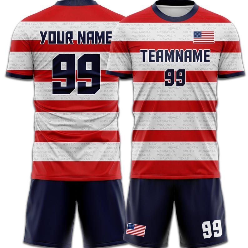 May include: Red and white striped soccer jersey and shorts set. The jersey features the text "YOUR NAME" and "TEAMNAME", the number "99", and the American flag. The shorts are navy blue.