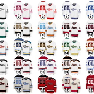 May include: Collection of customizable hockey jerseys in various color combinations. Each jersey features the word "YOURNAME", the number "00", and the word "Teams". The jerseys are white, black, red, blue, green, and brown.