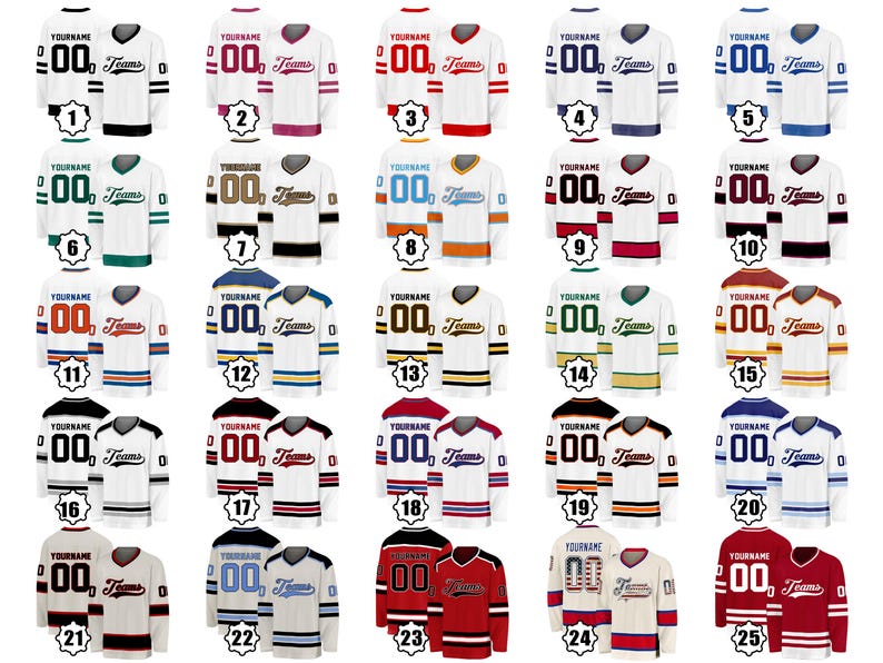May include: Collection of customizable hockey jerseys in various color combinations. Each jersey features the word "YOURNAME", the number "00", and the word "Teams". The jerseys are white, black, red, blue, green, and brown.