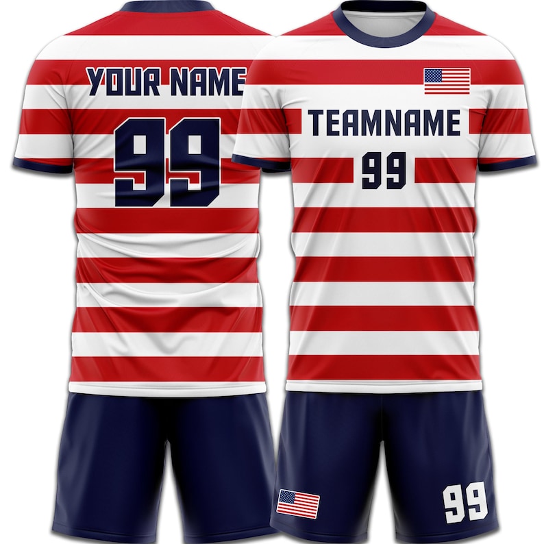 May include: A red and white striped soccer jersey and shorts set. The jersey features the text "YOUR NAME" and "TEAMNAME" with the number "99" in navy blue. The American flag is displayed on the jersey and shorts.