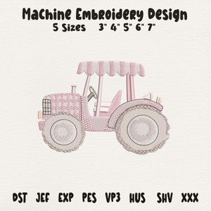 May include: A pink machine embroidery design of a tractor with the text "Machine Embroidery Design" above it. The tractor has a patterned design and is shown in five sizes: 3", 4", 5", 6", and 7". The image also lists embroidery file formats.
