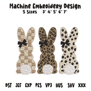 May include: Machine embroidery design featuring three bunny silhouettes with textured patterns. Each bunny has a black bow and a fluffy white tail. The sizes range from 3 to 7 inches.