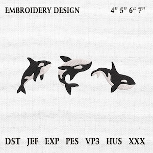 Puede incluir: Diseño de bordado con tres orcas en blanco y negro. La imagen incluye el texto "EMBROIDERY DESIGN" y opciones de tamaño de 10 cm, 13 cm, 15 cm y 18 cm. Abajo están las opciones de formato de archivo: DST, JEF, EXP, PES, VP3, HUS y XXX.