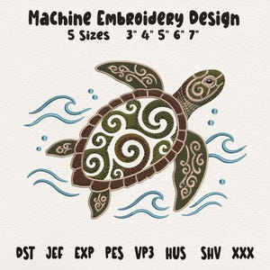 Op de afbeelding: Machine borduurontwerp met een zeeschildpad met ingewikkelde patronen in bruin, groen en crème. Het ontwerp bevat blauwe golven en bellen. Verkrijgbaar in 5 maten: 7.6 cm, 10.2 cm, 12.7 cm, 15.2 cm en 17.8 cm.