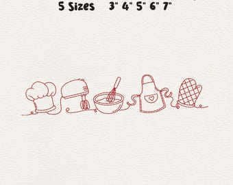 Baking Tools Embroidery Design, Kitchen Baking Border Embroidery, Chef Line Art Embroidery, Cooking Machine Embroidery Design