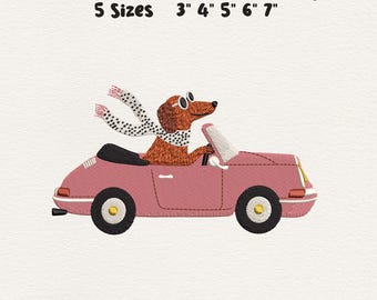 Dog Driving Car Embroidery Design, Cute Dachshund Embroidery File, Convertible Car Machine Embroidery