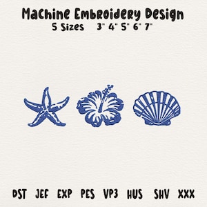 Op de afbeelding: Machine borduurontwerpen met een zeester, hibiscusbloem en schelp in blauw garen. De ontwerpen zijn verkrijgbaar in vijf maten, variërend van 7,6 cm tot 17,8 cm. De afbeelding toont ook verschillende bestandsformaten.