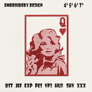 May include: Red embroidery design featuring a stylized portrait of a woman, framed within a playing card motif. The design includes the text "EMBROIDERY DESIGN" and size options of 4", 5", 6", and 7". The card also displays the Queen of Hearts symbol.