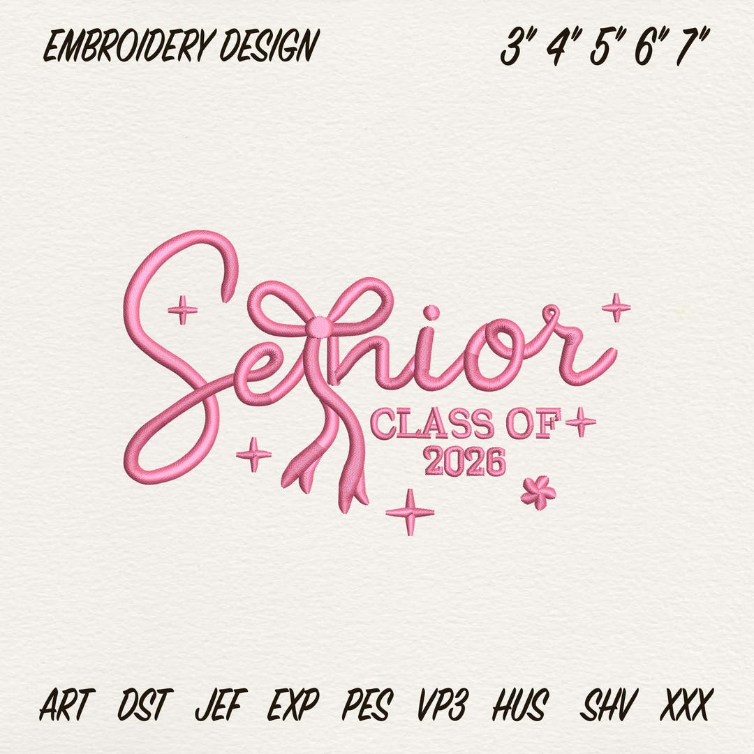 Senior Script Vector Senior Class of 2026 Embroidery Design, Girly Bow Graduation Embroidery ...
