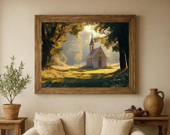 Rustic Chapel Painting – Earthy Morning Light, Vintage Farmhouse Decor (Digital Download)