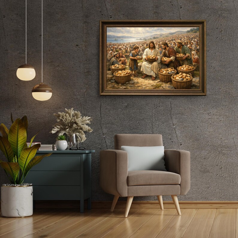 Multitude of people basking in Jesus' blessing poster for living room — beautifully detailed art featuring natural sunlight.