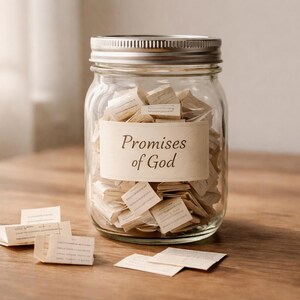 Puede incluir: Un tarro de cristal transparente lleno de pequeñas notas de papel, etiquetado como "Promises of God". El tarro está sobre una superficie de madera, con notas adicionales esparcidas cerca. El tarro tiene una tapa plateada.