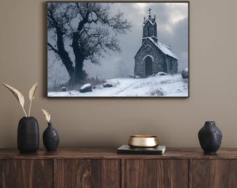 Moody Winter Chapel Art Print – Rustic Snowy Landscape, Vintage Christian Decor (Digital Download)