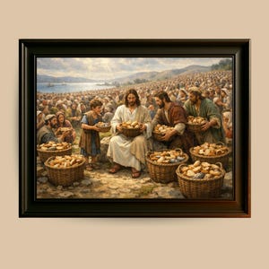 Crowd gathered around Jesus' blessing digital download for living room — inviting artwork with a warm atmosphere and detailed composition.