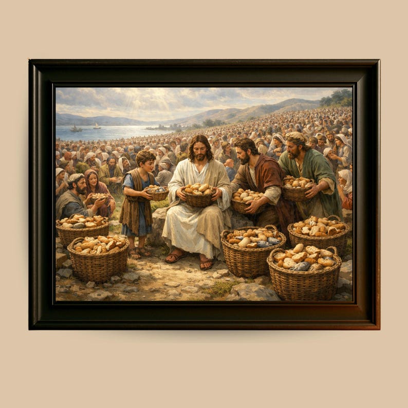 Crowd gathered around Jesus' blessing digital download for living room — inviting artwork with a warm atmosphere and detailed composition.