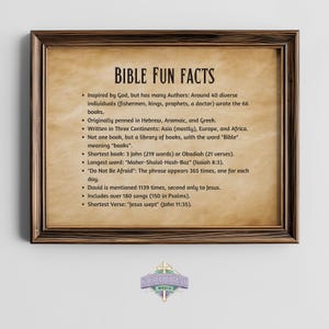 Peut inclure: Impression encadrée avec le texte "BIBLE FUN FACTS" dans une police décorative. Les faits sont énumérés sous forme de puces sur un fond de style parchemin. Le cadre est de couleur marron foncé. Le logo Sacred Thread Media est en bas.