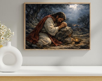 Vintage Jesus Praying in Gethsemane Garden - Christian Wall Art - Bible Verse Decor - Instant Download