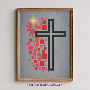 Puede incluir: Impresión artística enmarcada con una cruz negra sobre fondo gris. Cuadrados rojos y rosas y una explosión de estrella dorada acentúan la izquierda. El texto "= SACRED THREAD MEDIA =" está en la parte inferior.