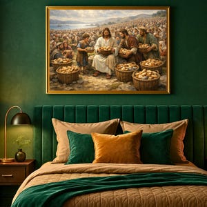 Traditional oil painting of Jesus feeding crowds wall art for hallway — rich colors and realistic figures create a warm ambiance.