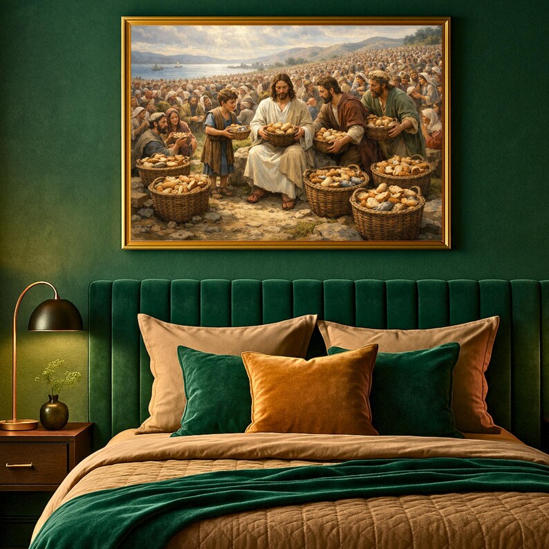 Traditional oil painting of Jesus feeding crowds wall art for hallway — rich colors and realistic figures create a warm ambiance.
