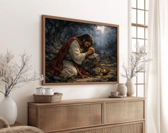 Kneeling in Prayer, Moody Religious Wall Art, Vintage Spiritual Painting Print