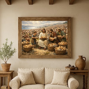 Jesus with baskets of bread artwork for family room — uplifting image featuring detailed figures under a sunlit blue sky.