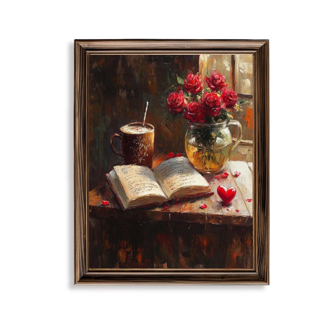 Moody Vintage Roses Still Life Painting - Romantic Valentine Wall Art ...
