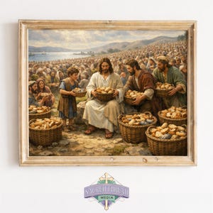 Multitude receiving bread by Jesus printable art for entryway — classic depiction with a pastoral feel, perfect for faith-focused homes.