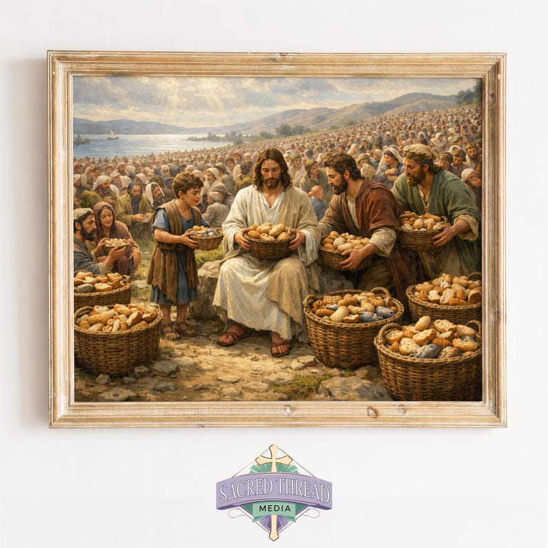 Multitude receiving bread by Jesus printable art for entryway — classic depiction with a pastoral feel, perfect for faith-focused homes.