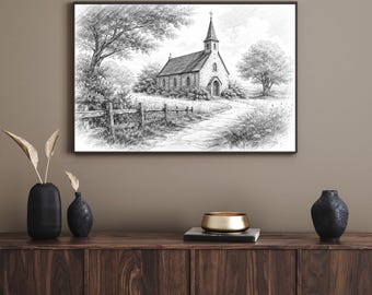 Vintage Church Countryside Art – Monochrome Farmhouse Wall Decor (Digital Download)