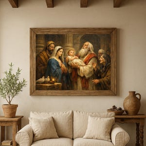 Puede incluir: Una pintura enmarcada que representa una escena religiosa con varias figuras, incluido un bebé sostenido por un hombre mayor. La obra de arte presenta tonos cálidos y está ubicada en una habitación con un sofá, una mesa auxiliar y una planta en maceta.