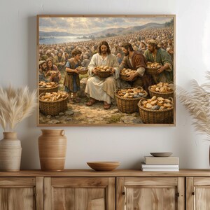 Jesus blessing baskets of bread poster for meditation nook — peaceful and inspiring depiction filled with natural sunlight and warmth.