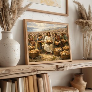 Jesus blessing baskets of bread art for nursery — calming and inspiring imagery with detailed figures and sunlit scenery.