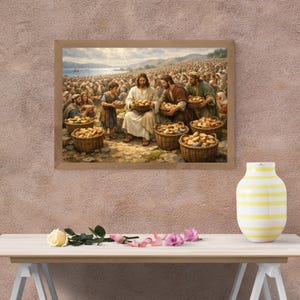 Jesus sharing bread art for prayer room — traditional and uplifting painting with a warm, majestic atmosphere and detailed figures.