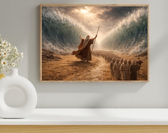 Vintage Red Sea Crossing Painting - Bible Story Print, Moses Exodus Art, Instant Download