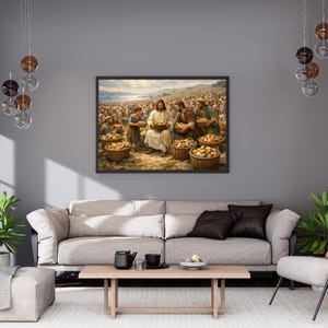 Realistic Jesus feeding a crowd oil painting for gallery — timeless religious theme with warm, inviting hues and intricate details.