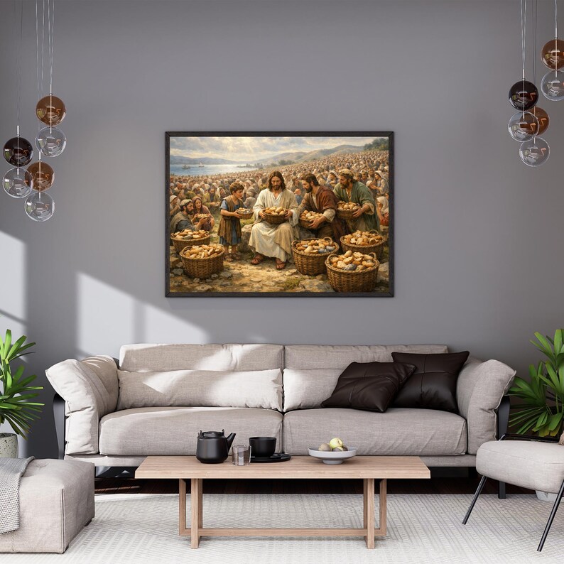 Realistic Jesus feeding a crowd oil painting for gallery — timeless religious theme with warm, inviting hues and intricate details.