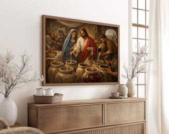 Vintage Wedding at Cana Painting, Biblical Miracle Wall Art Print